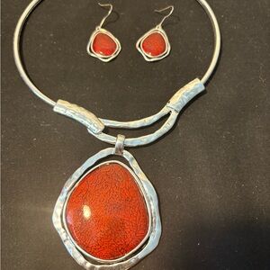 Silver and Red Pendant Necklace and Earring Set